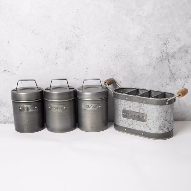 KitchenCrafts 4-Piece Galvanised Metal Utensil Holder and Storage Canister Set with Compartments, Grey