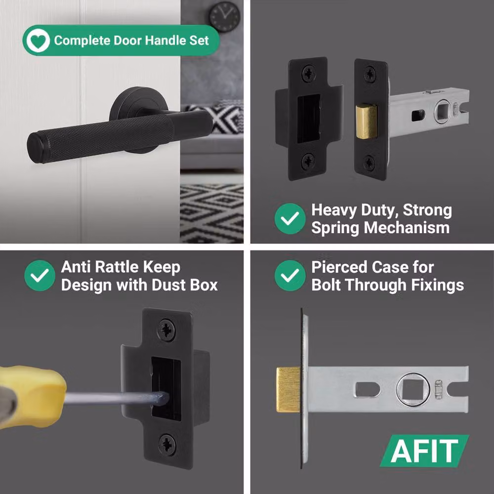 AFIT Matt Black Knurled Round Rose Door Handles with Latch, 4 Pairs – 7