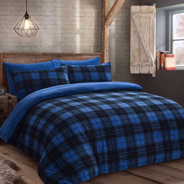 Velosso Check Teddy Duvet Cover and Pillowcase Set in Blue, Single Size (W: 90 cm, L: 200 cm)
