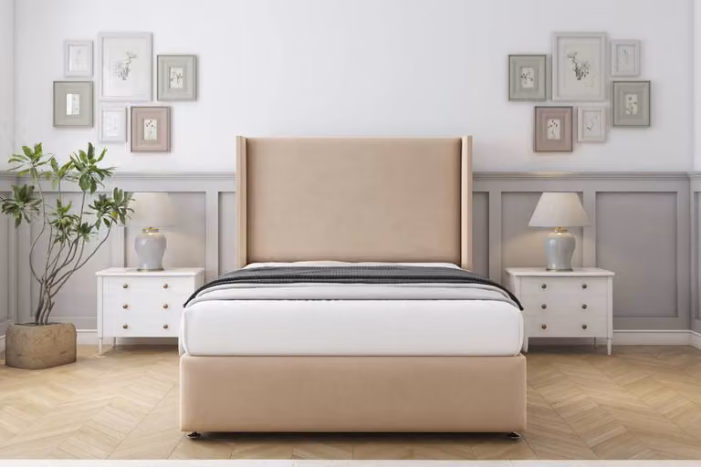 Sloomy Stratford Plush Divan Set in Beige with Wingback Headboard and Footboard, Super King Size