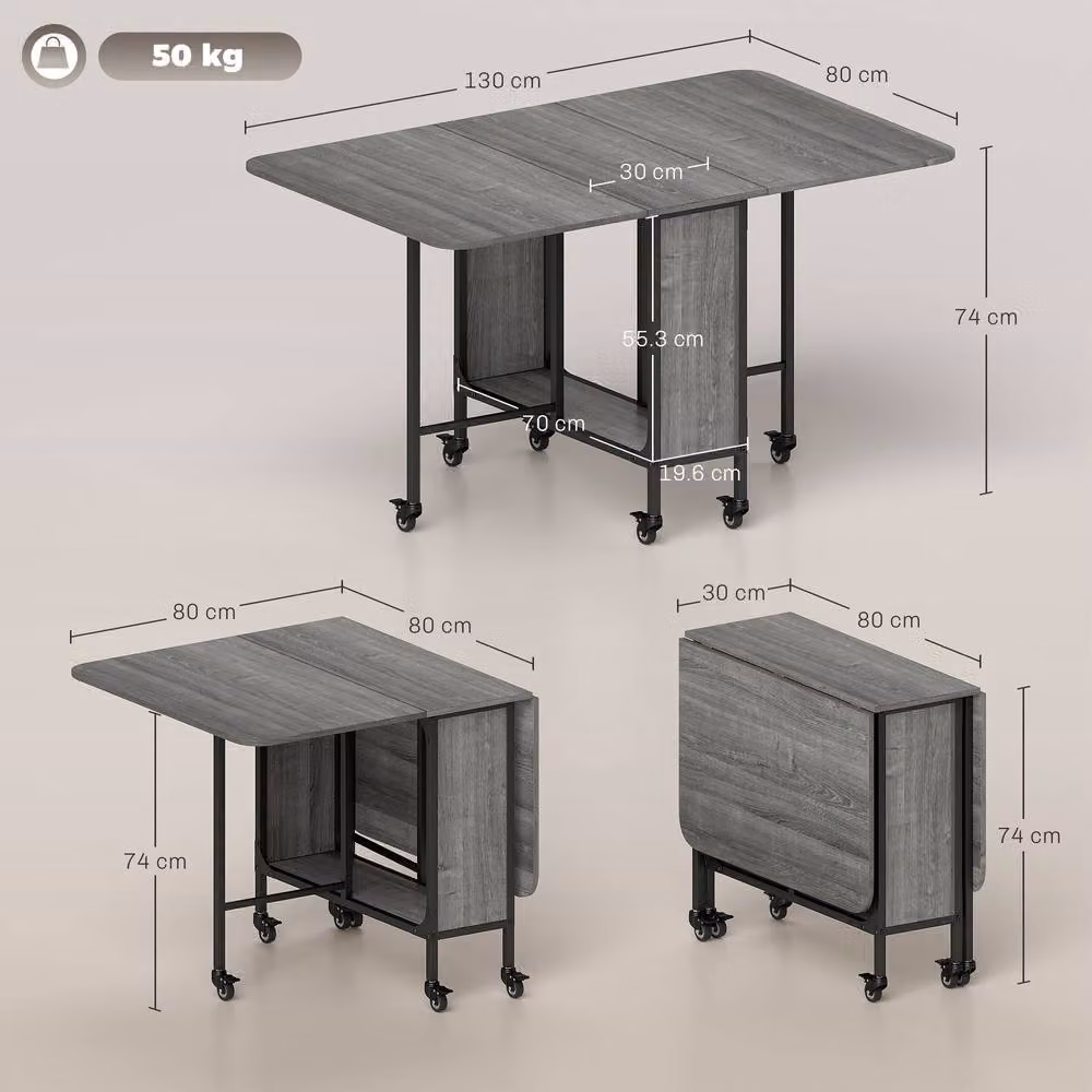 STILVORA Modern Grey Extendable Drop Leaf Dining Table with Castors and Storage Shelf – 3