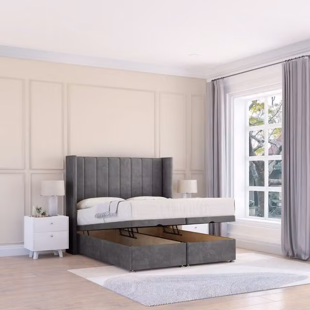 Sloomy Texas Single Ottoman Bed with 26 Inch Strut Headboard and Hybrid Memory Mattress in Dark Grey, W/D/H: 90 x 190 cm