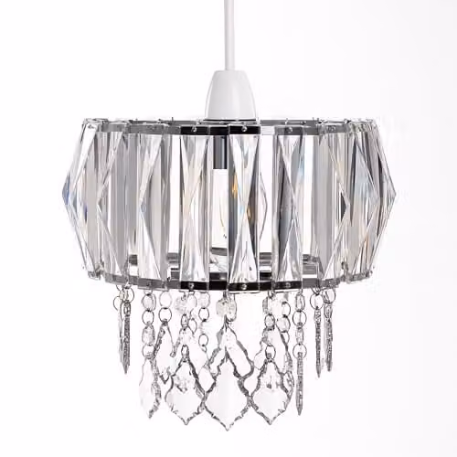 Innoteck Sparkly Prismatic Drum Chandelier Shade in Chrome and Transparent Acrylic with Faceted Droplets