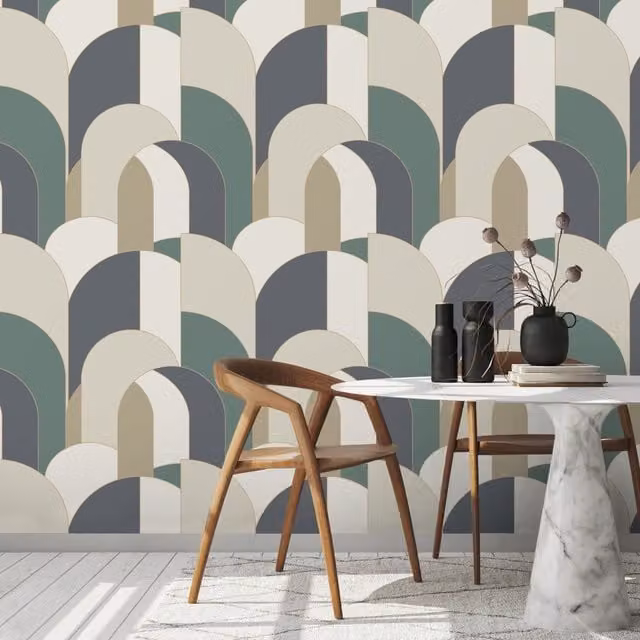 Grandeco Arched Geo Shape Blown Textured Vinyl Wallpaper in Green and Grey