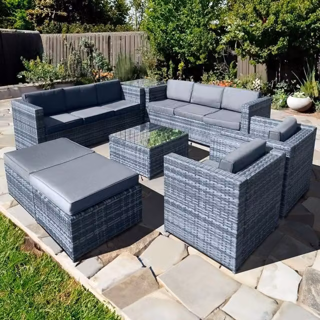 Oseasons Malta 10 Seat U-Shape Polyrattan Lounge Set with Upholstered Cushions and 2 Ottomans in Ocean Grey