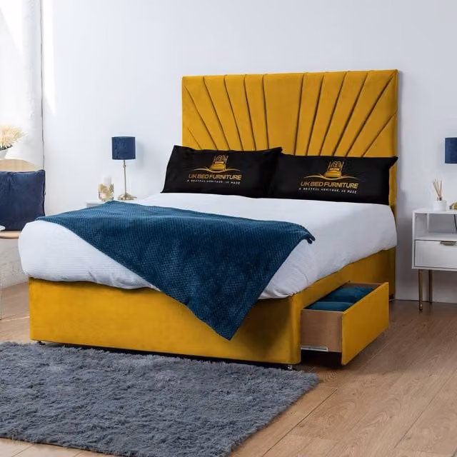 UK Bed Furniture Sunrise Divan Bed with 2 Drawers and 26 Inch Headboard in Yellow, Size: Single (W/D: 90 x 190 cm)
