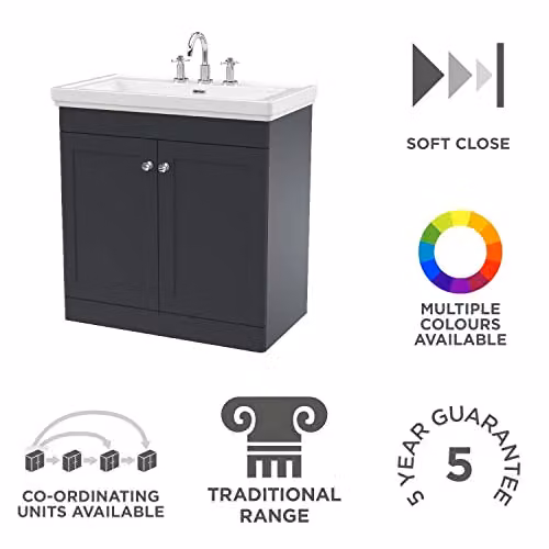 nuie Classique Traditional 2 Door Floor Standing Bathroom Vanity Unit with 3 Tap Hole Fireclay Basin, Soft Black, W: 800 mm, D: 470 mm, H: 86.7 mm – 2