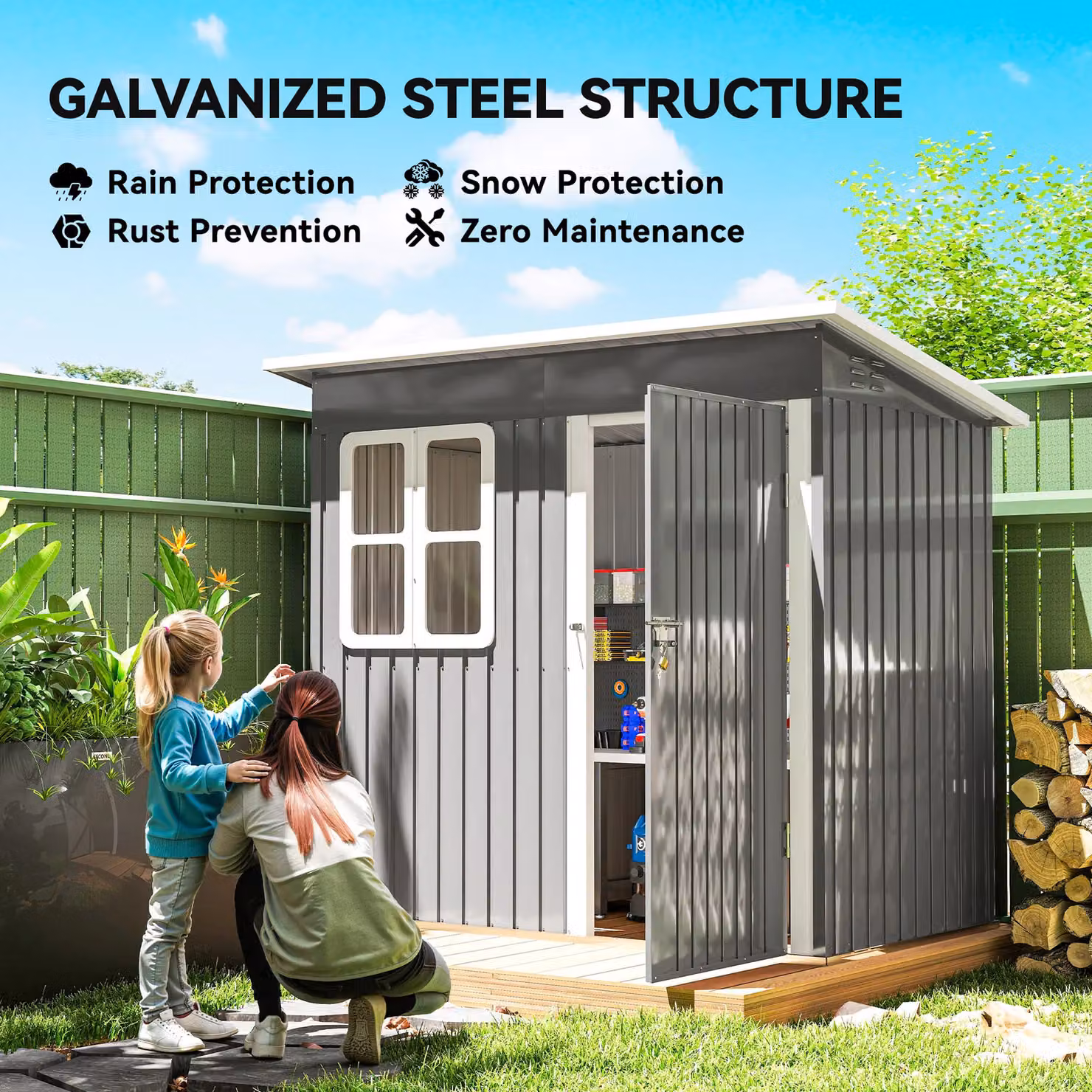 OUTSUNNY Galvanised Steel Garden Shed with Foundation Kit, Dark Grey – 4