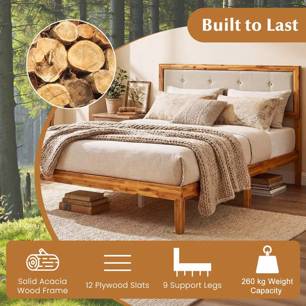 Costway Double Acacia Wood Platform Bed Frame with Tufted Fabric Headboard in Beige, W/D/H: 140 x 200 cm – 4