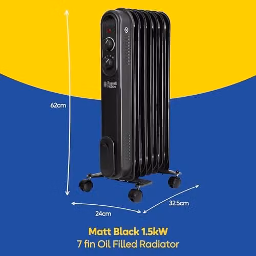 Russell Hobbs 1500W Black Oil Filled Radiator with Thermostat, Overheat and Tilt Protection – 2