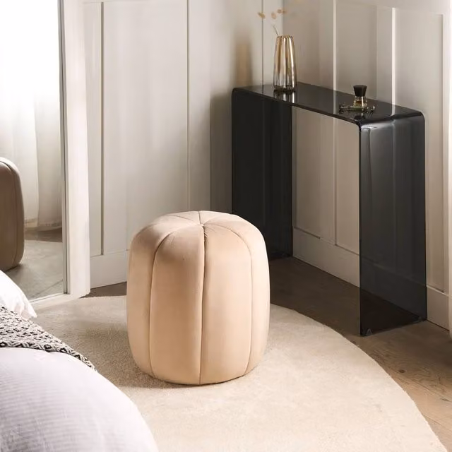Wyld and Coco Beige Velvet Round Pouffe – 1