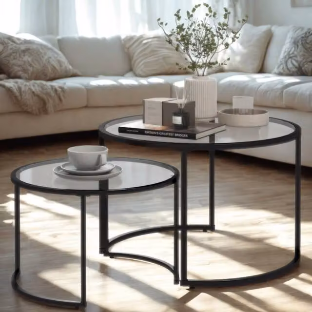 FURNOS Set of 2 Round Black Nesting Tables with Tempered Glass Tops – 1