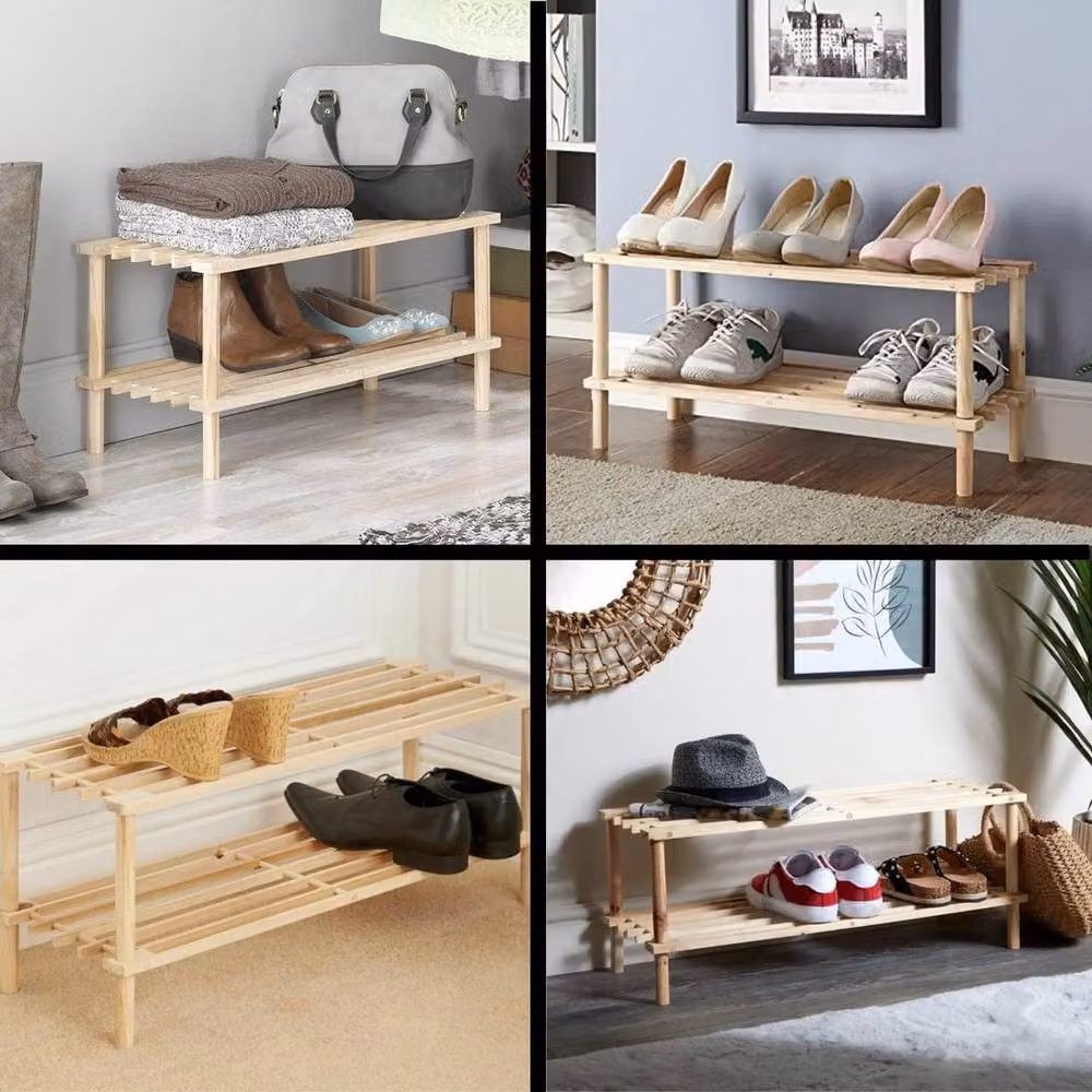 Kelvenix 2 Tier Wooden Shoe Rack and Storage Bench in Brown/Beige – 3
