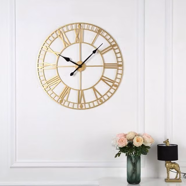 Home Garden Direct Gold and Black Vintage Skeleton Wall Clock with Roman Numerals and Quartz Movement