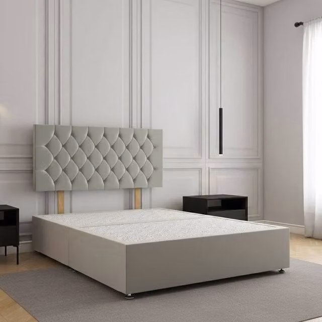 Regional Furnishings Single Upholstered Plush Velvet Divan Bed with 24 inch Headboard in Silver, W/D/H: 90 x 200 cm