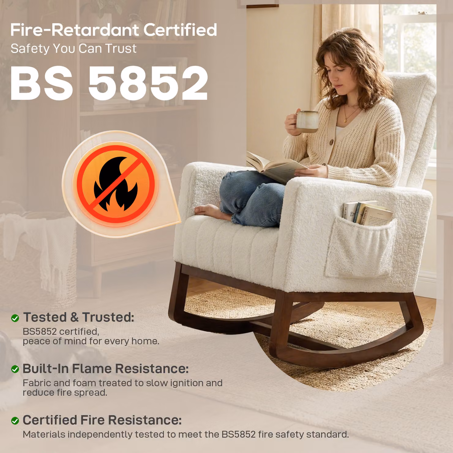 HOMCOM Cream White Bouclé Rocking Chair for Adults with High Back, Lumbar Pillow and Solid Wood Base – 7