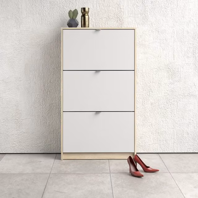 Furniture To Go Oak Shoe Cabinet with 3 Flip Down Doors and 2 Layers