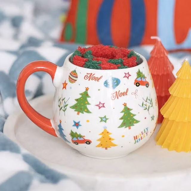 Uniqueful Nostalgic Christmas Print Mug and Striped Socks Set, Red and Multicolour, 550 ml