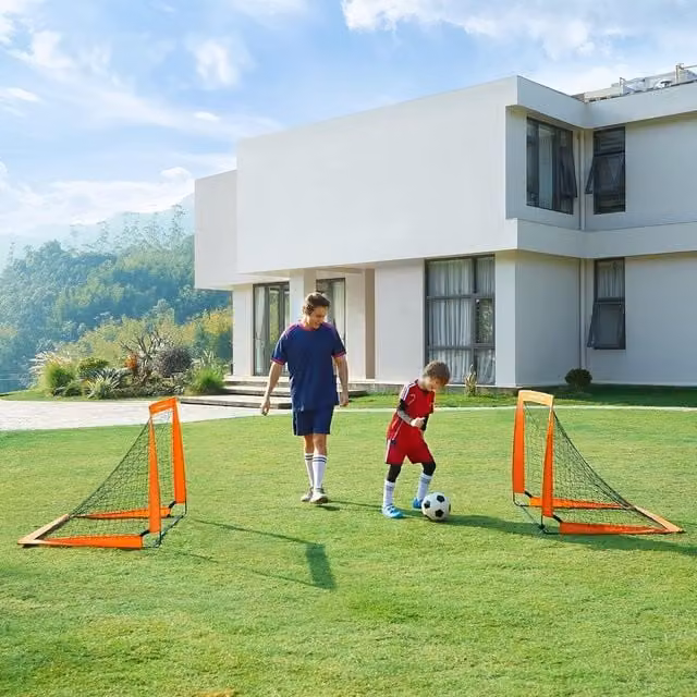 The Bazaarist Pack of 2 Portable Foldable Football Goals in Orange, W/D/H: 120 x 80 x 36 cm