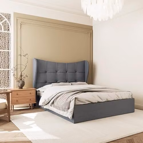 Seconique Verona Double Ottoman Gas Lift Storage Bed in Grey Fabric, W/D/H: 140 x 200 cm – 1
