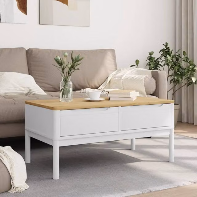 Berkfield Home Beautiful FLORO Coffee Table in White Solid Pine Wood W/D/H: 99 x 55.5 x 45 cm