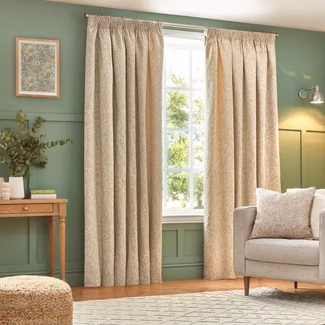 Grantley Make it a Home Floral Jacquard Pencil Pleat Curtains in Beige and Yellow, Height: 183 cm, Width: 117 cm