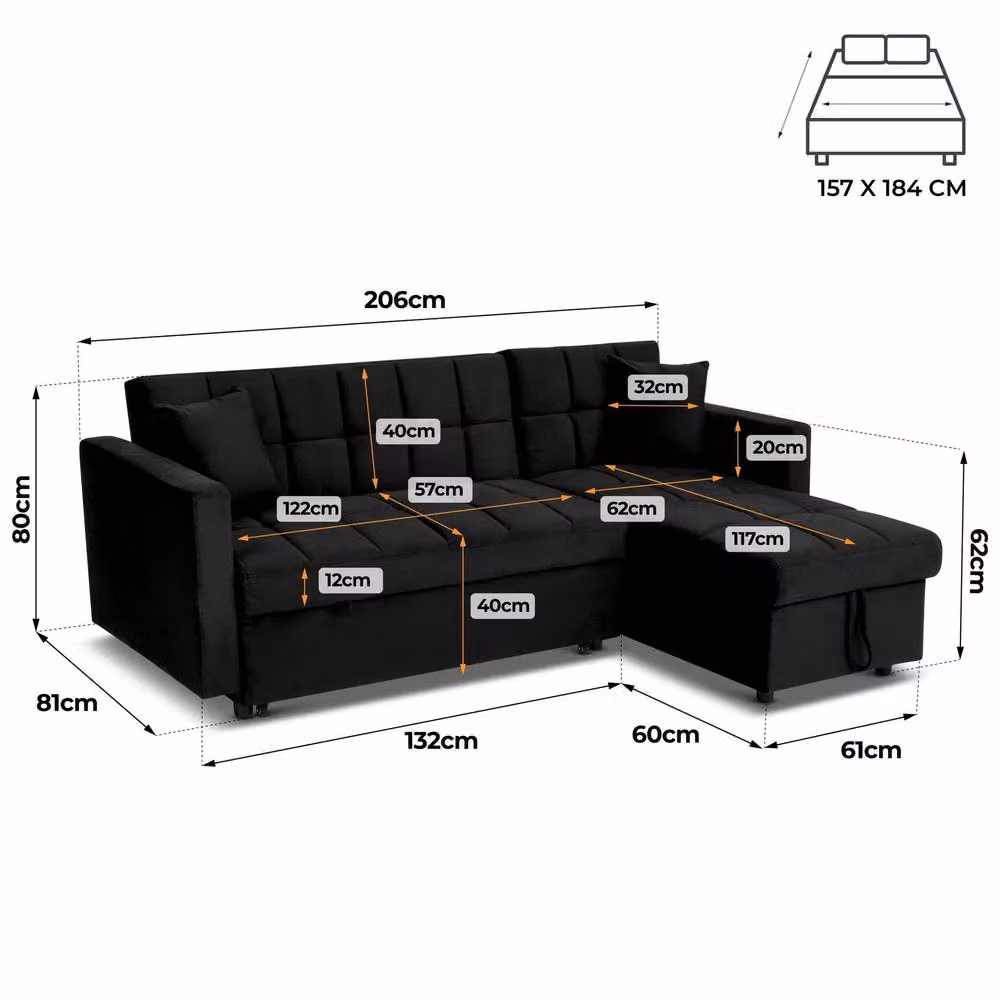 Bravich LTD Milo Reversible L-Shape Corner Sofa Bed with Storage in Black Velvet, W/D/H: 206 x 140 x 80 cm – 3