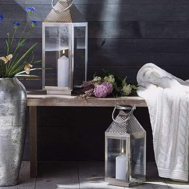 Wyld and Coco Lumenique Silver Stainless Steel Pillar Candle Holder Lantern, Height: 55 cm