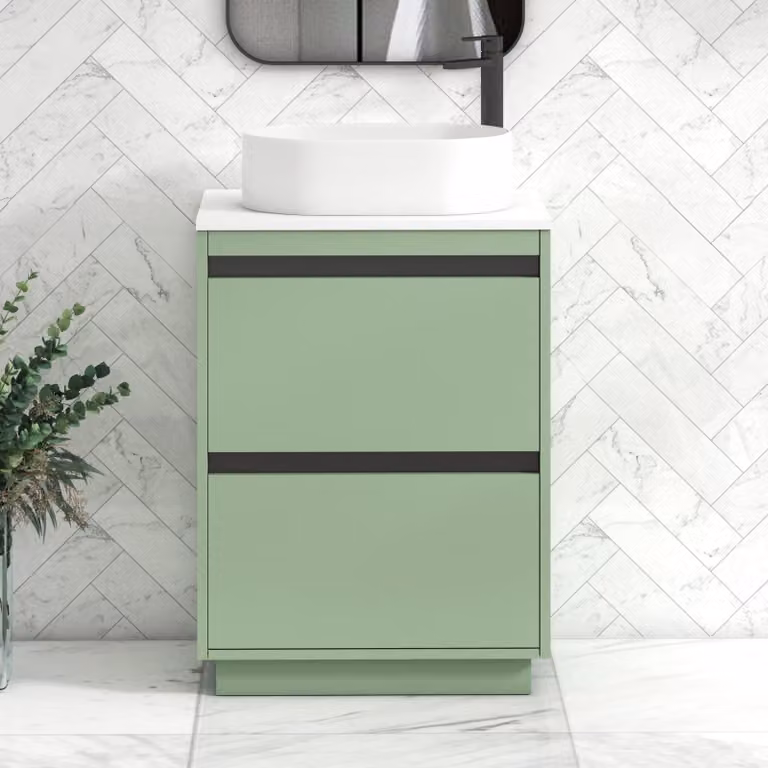 Royal Bathrooms Orion 600mm Mint Sage Floor Standing 2 Drawer Vanity Unit with Peak Basin and Black Accent Trim