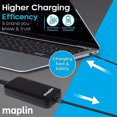 Maplin 100W USB-C Laptop Charger with USB-A Fast Charge Port and 3.35m Cable in Black – 5