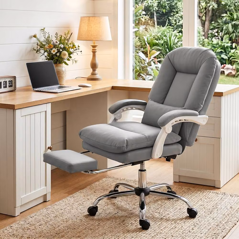 STILVORA Grey Faux Leather Executive Office Chair with Headrest and Footrest – 9