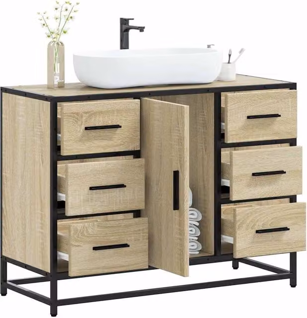 Berkfield Home Sonoma Oak Bathroom Sink Cabinet in Brown, W: 80 cm, D: 33 cm, H: 60 cm