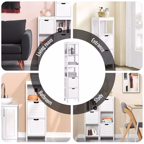 SoBuy Narrow White Bathroom Storage Cabinet with 2 Drawers, W/D/H: 30 x 30 x 89 cm – 4