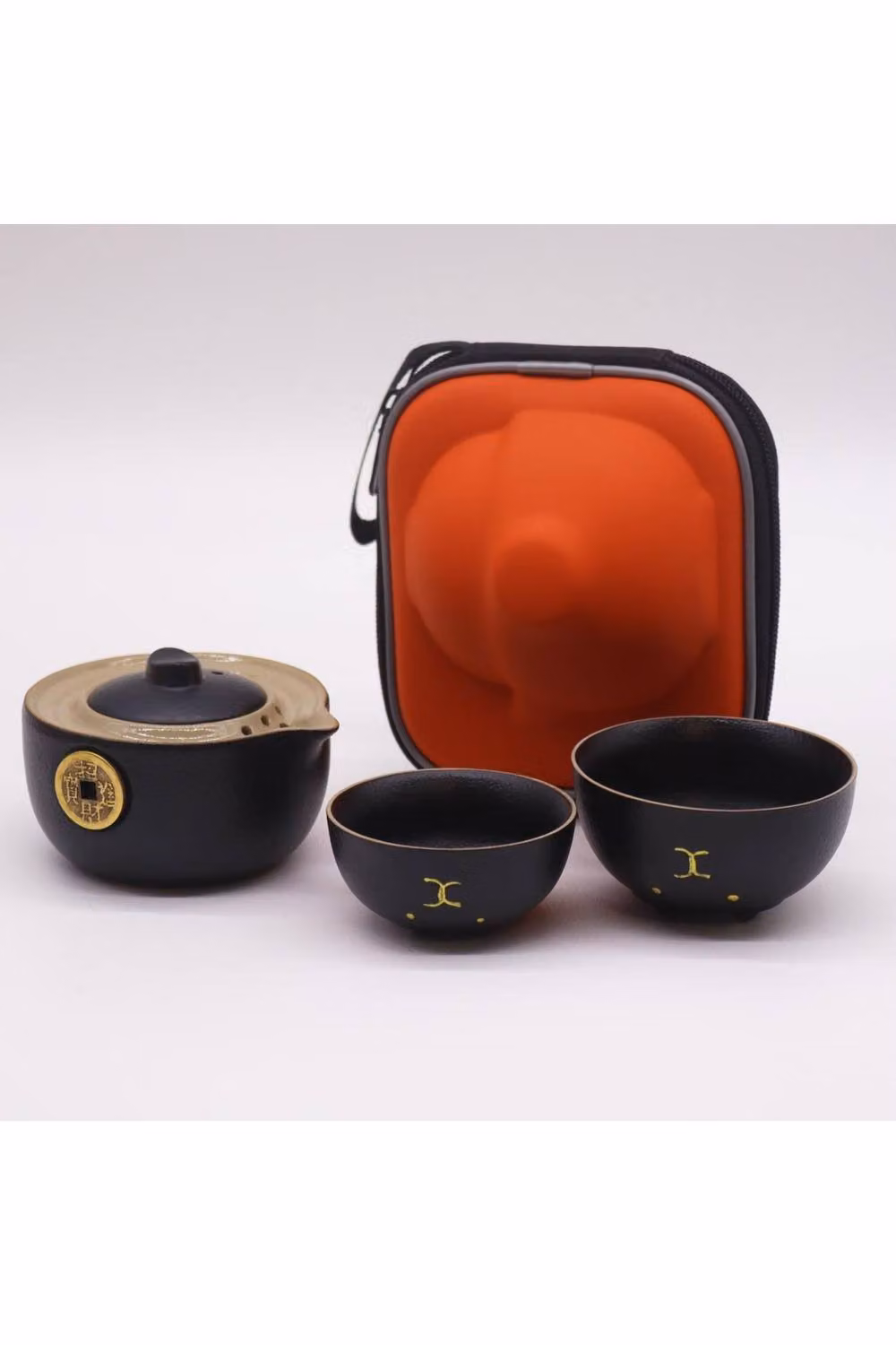 KDMD Money Cat Ceramic Teapot Set with 2 Cups and Travel Case in Black and Gold – 2
