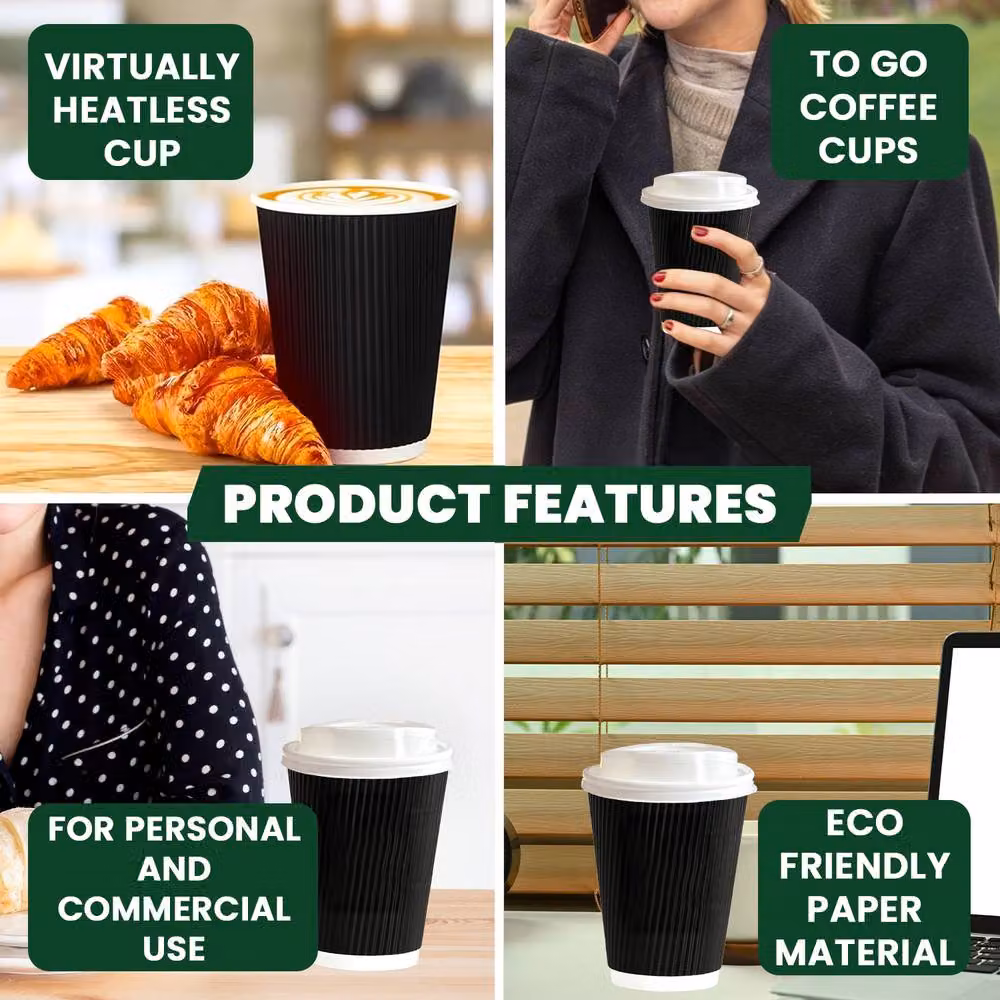 ECONX 500 Black Disposable Paper Ripple Coffee Cups with Lids, 8oz – 4