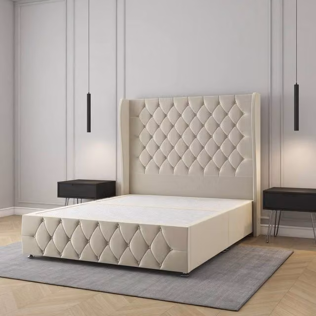Regional Furnishings Plush Velvet Double Divan Bed with Headboard and Footboard in Beige, W/D/H: 140 x 200 cm