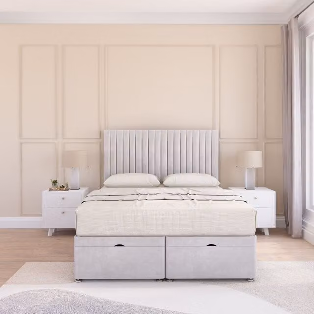 Sloomy Manhattan Super King Ottoman Bed with 26 Inch Headboard and Hybrid Memory Mattress in Silver