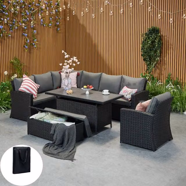 Furniture Maxi Rosen 9 Seater Rattan Corner Sofa Set with Aluminium Dining Table in Black