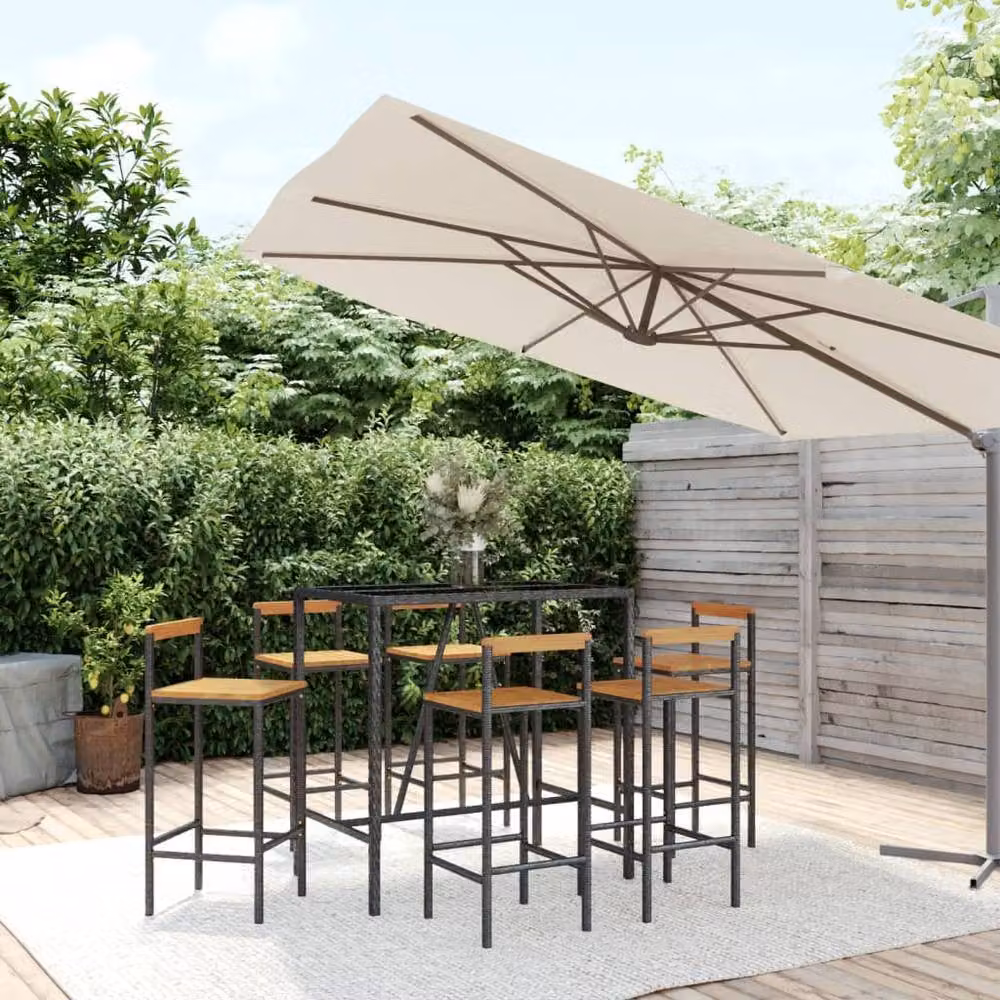 Berkfield Home Beautiful 7 Piece Black Poly Rattan and Solid Acacia Wood Garden Bar Set – 2