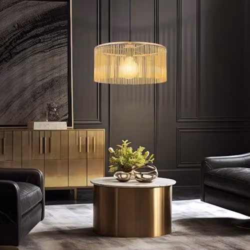 Netlighting Leeds Cylindrical Pendant Light in Gold/Brass with Amber Acrylic Rods, Diameter: 35 cm, Height: 135 cm – 4