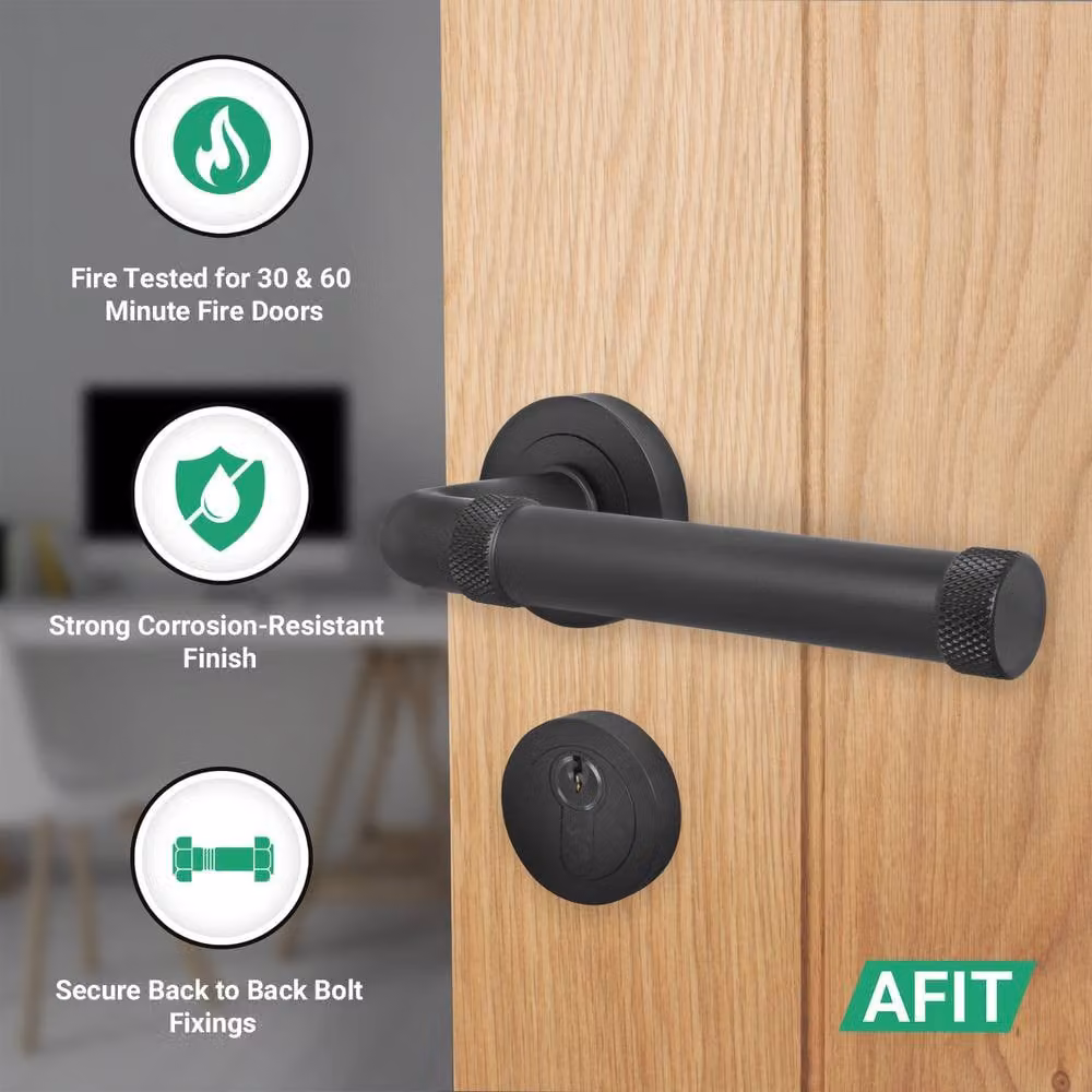 AFIT Matt Black Fire Door Handle Euro Lock Double Cylinder Set with Hinges – 2