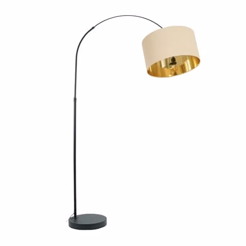 ValueLights Black Metal Arched Floor Lamp with Beige and Gold Fabric Drum Shade and LED Bulb – 1