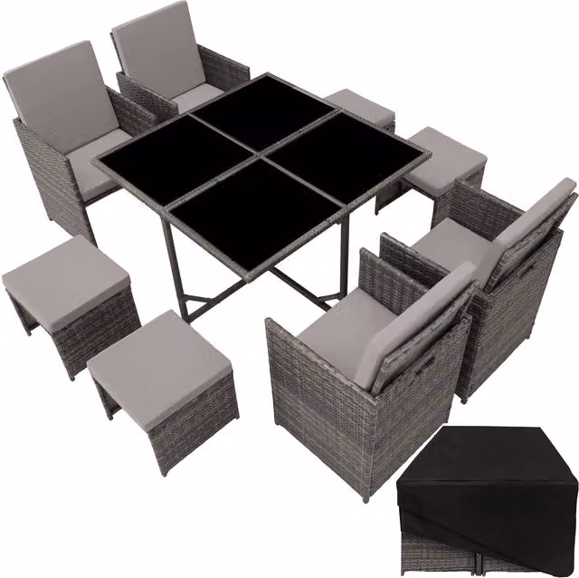 tectake Bilbao Garden Table and Chairs Set in Grey Rattan with Glass Top – 1