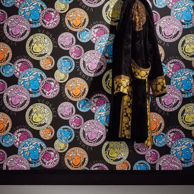 Versace Abstract Medusa Faces Wallpaper in Black and Multicolour