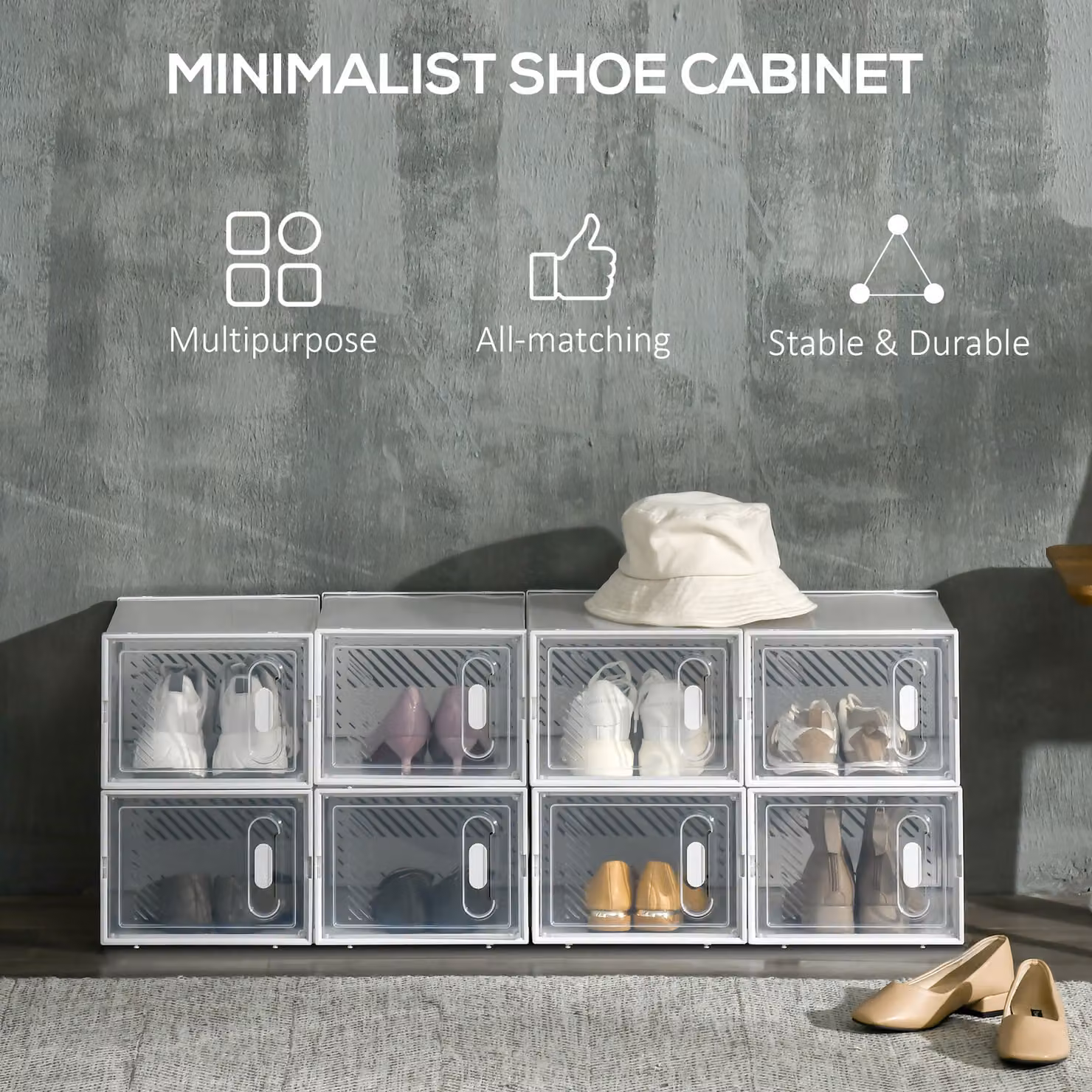 HOMCOM 8-Piece Transparent Plastic Stackable Shoe Storage Boxes with Magnetic Doors, W/D/H: 25 x 35 x 19 cm – 2