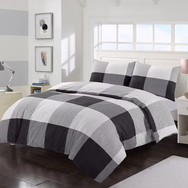 HomeSpace Direct Larry Checked Geometric Duvet Cover Set in Black and White, W: 200 cm x D: 200 cm
