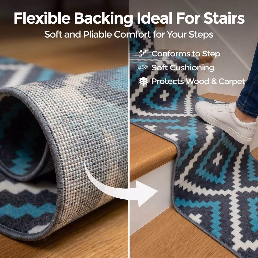 Bravich LTD Modern Geometric Tile Hallway Runner Rug, Non-Slip Low Pile Polypropylene in Teal, W: 60 cm, L: 240 cm – 5