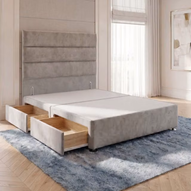 Horizona Silver Velvet Double Divan Bed Base with Drawers and Floor Standing Headboard W/D/H: 140 x 200 cm