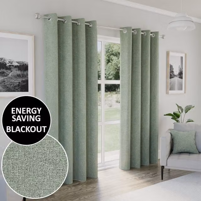 Enhanced Living Austin Blackout Eyelet Curtains, Green, Thermal Insulating, Width: 183 cm, Height: 183 cm