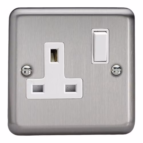 Varilight Classic Matt Chrome 1-Gang 13 Amp Switched Plug Socket with White Insert and Grey Plate